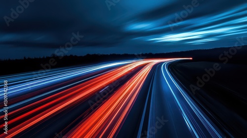 A surreal long-exposure shot of a single car driving on a lonely highway at night, surrounded by endless motion trails.