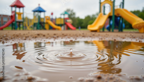 Wallpaper Mural Rippling raindrop creating waves in muddy puddle, peaceful playground Torontodigital.ca