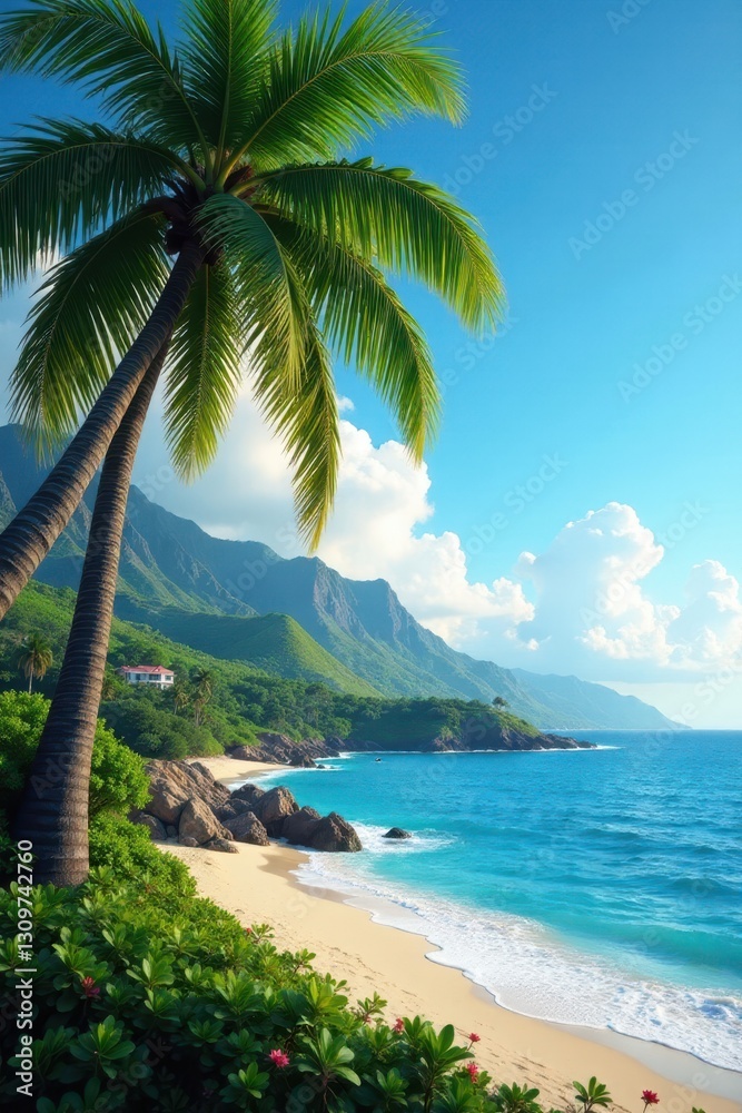 Fototapeta premium Majestic palms sway gently in a Hawaiian breeze, overlooking the calm ocean , sand, holiday
