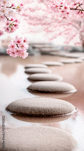 Zen garden with smooth stepping stones leading through calm water, surrounded by delicate pink cherry blossoms in soft focus, creating a serene and meditative atmosphere.