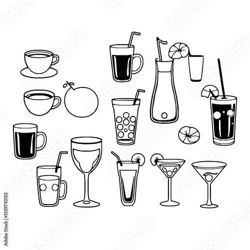  Black Outline Vector Illustration of Various Beverages