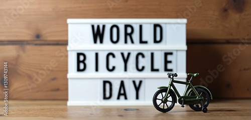 Lightbox with World Bicycle Day text, green toy bicycle on wooden surface. Eco awareness concept, promoting healthy lifestyle, sustainable transport, environment protection. International holiday photo