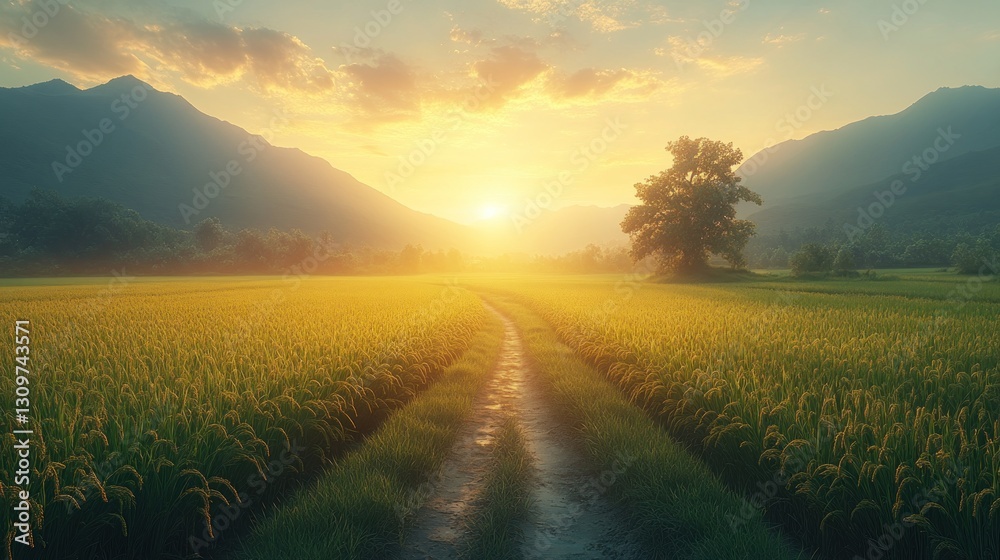 Fototapeta premium Golden path through rice fields at sunrise