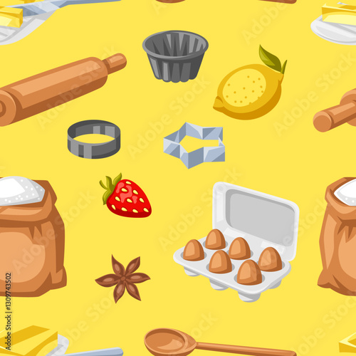 Pattern with bakery utensils. Cooking tools for home and recipe items.