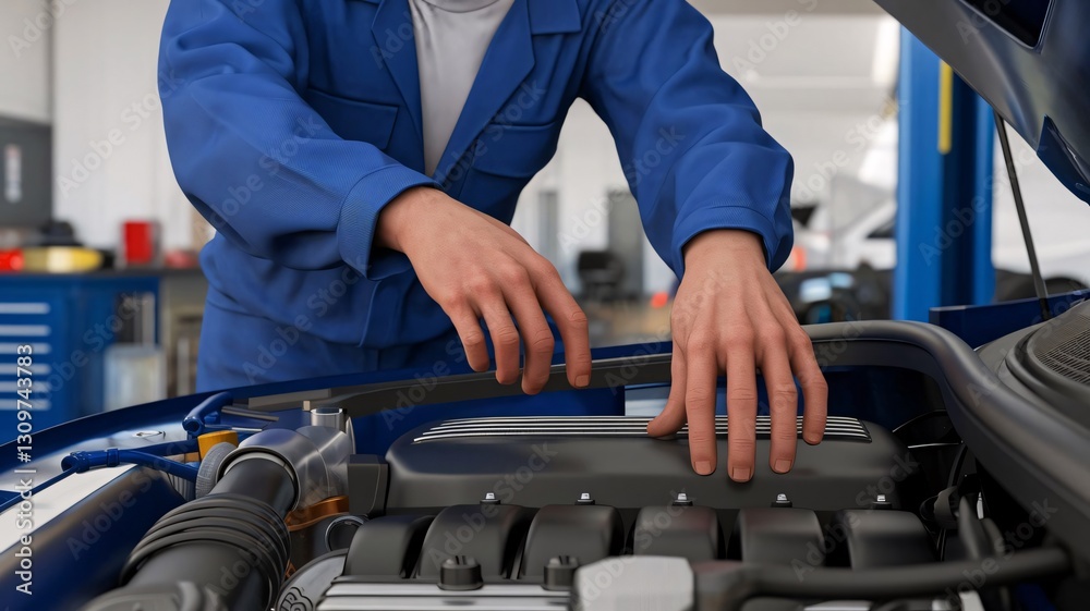Technician reairing a car/ vehicle engine close up 3d render cartoon design Technician reairing a car/ vehicle engine close up 3d render cartoon design