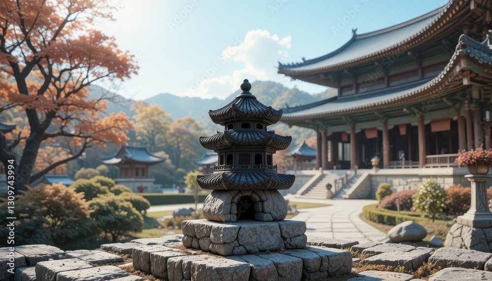 Serene Autumn Temple Garden Pagoda and Stone Pathway Serene Autumn Temple Garden Pagoda and Stone Pathway