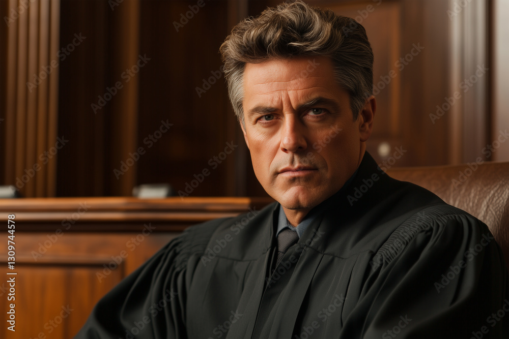 Fototapeta premium Judge in a courtroom during a legal proceeding with a serious expression and a focused demeanor