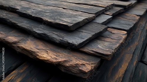 A close-up of stacked slate stones showcasing textured surfaces in warm, earthy tones, This image can be used for architectural design, home improvement articles