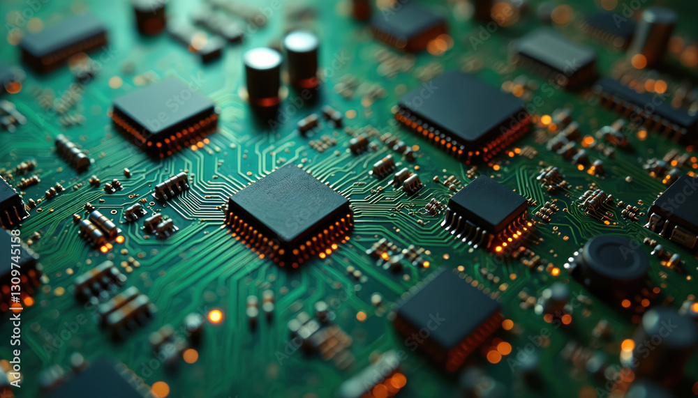 Green circuit board closeup with microchips. Motherboard with electronic components, conductors, transistors, resistors, capacitors. Computer hardware detail. Tech background for innovation, digital, Green circuit board closeup with microchips. Motherboard with electronic components, conductors, transistors, resistors, capacitors. Computer hardware detail. Tech background for innovation, digital,