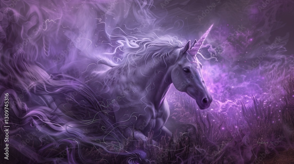 Fototapeta premium an abstract depiction of a secretive unicorn, its horn radiating soft purple light, surrounded by swirling shadows in a fairytale meadow, enigmatic an