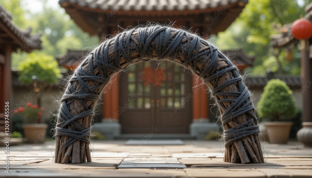 Obraz premium Rustic Wooden Archway Entrance to Asian Garden Peaceful Scene