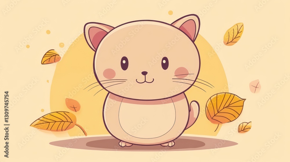 A cute cartoon cat is surrounded by falling autumn leaves