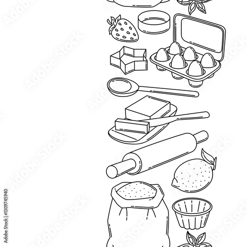 Pattern with bakery utensils. Cooking tools for home and recipe items.