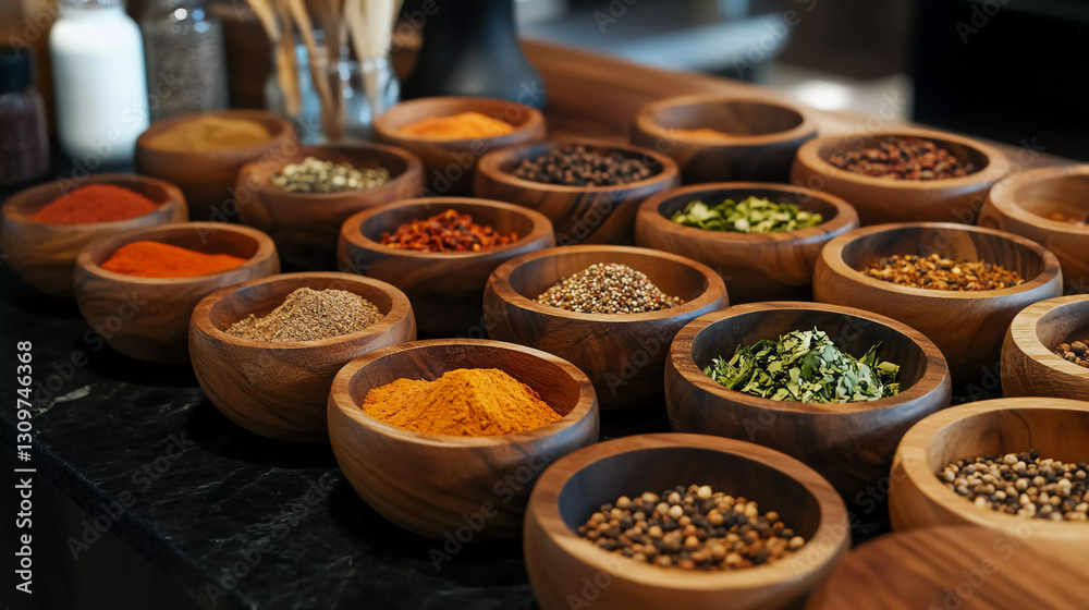 Fototapeta premium Wooden bowls with various spices and ingredients