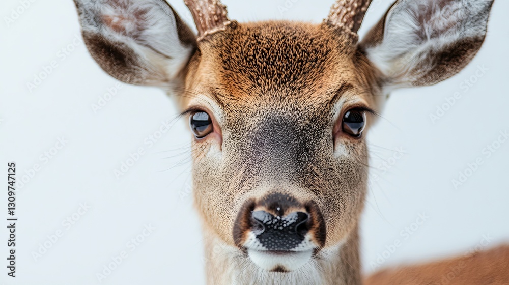 Fototapeta premium Close Up Young Fawn Deer Portrait Wildlife Nature Animal Photography Image Beautiful Brown Fur Detailed Eyes Antlers White Background Majestic 