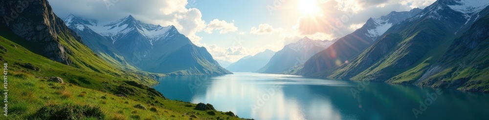 Sunlit fjord, snow-capped mountains, vibrant green valley, Norway, adventure, beautiful Sunlit fjord, snow-capped mountains, vibrant green valley, Norway, adventure, beautiful