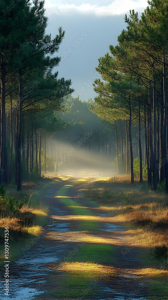 Fototapeta premium Sunlit Path Through Pine Forest