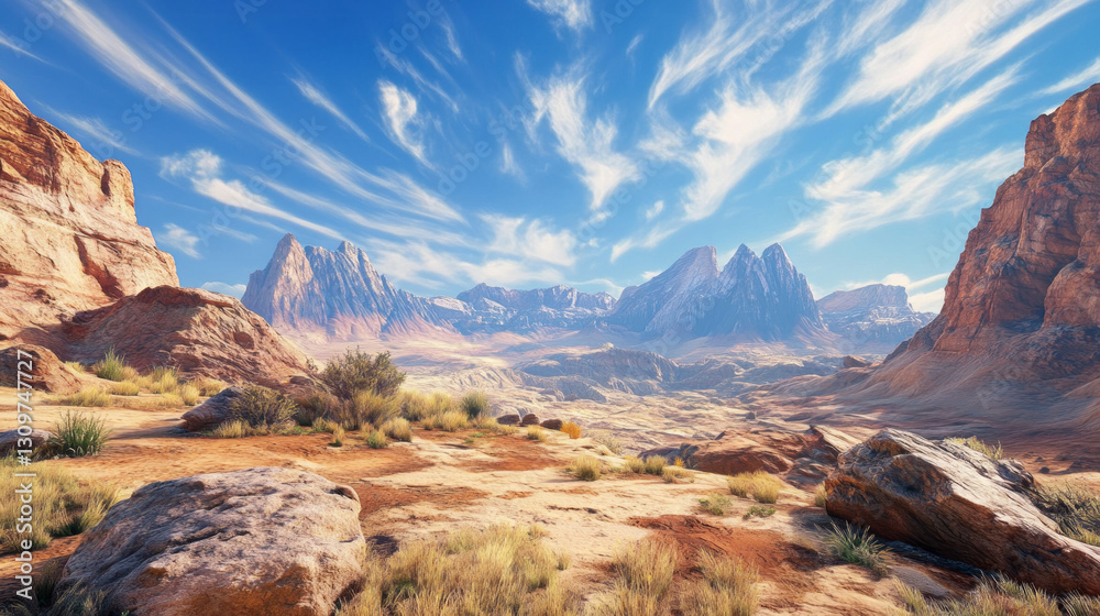 Obraz premium A majestic mountain range under a vibrant blue sky showcasing breathtaking peaks and rugged terrain. AI generative