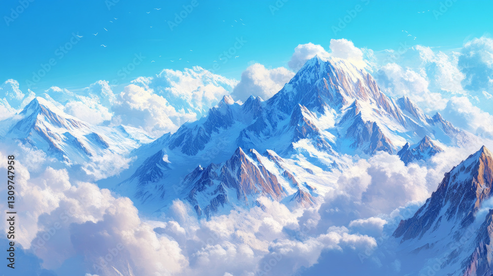Obraz premium A majestic snow-capped mountain range soaring above the landscape with breathtaking views of snow-covered peaks and rugged terrain. AI generative