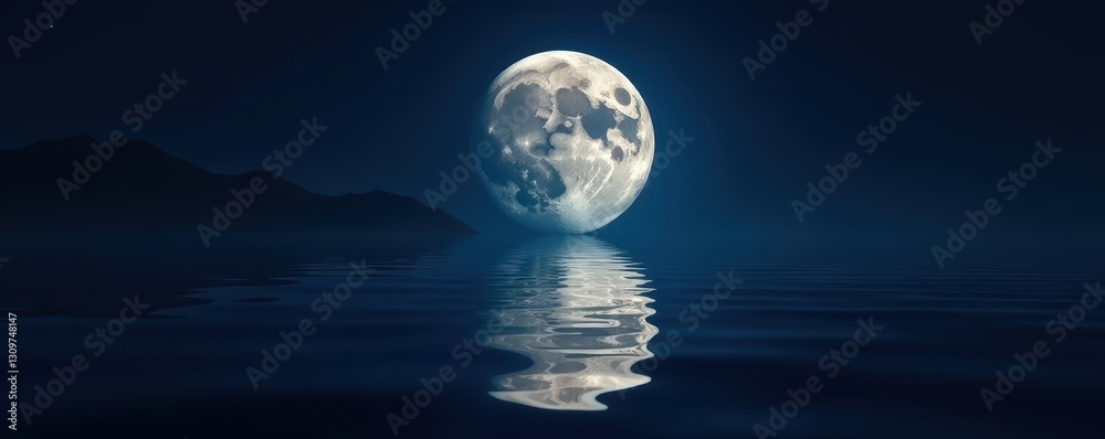Full moon mirrored perfectly in dark glassy water, black, river, dark water Full moon mirrored perfectly in dark glassy water, black, river, dark water