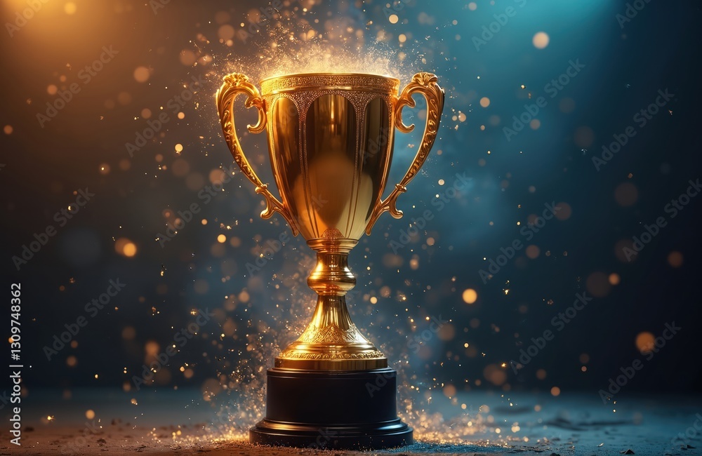 Gold trophy stands against dark background with blurred festive sparks. Shiny metal cup, prize for champion, first place in competition, sport achievement and success. Victory celebration, gift. Gold trophy stands against dark background with blurred festive sparks. Shiny metal cup, prize for champion, first place in competition, sport achievement and success. Victory celebration, gift.