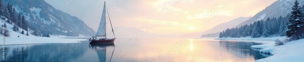 Snow-covered sailboat on frozen lake in morning light, isolated, sailing boat Snow-covered sailboat on frozen lake in morning light, isolated, sailing boat