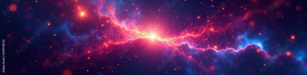 Naklejka premium Abstract cosmic nebula; radiating vibrant light streaks, dark backdrop, artwork, shine, universe