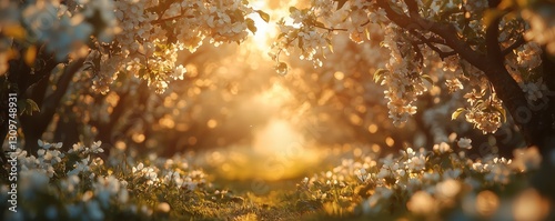 Serene Blooming Orchard in Soft Golden Light