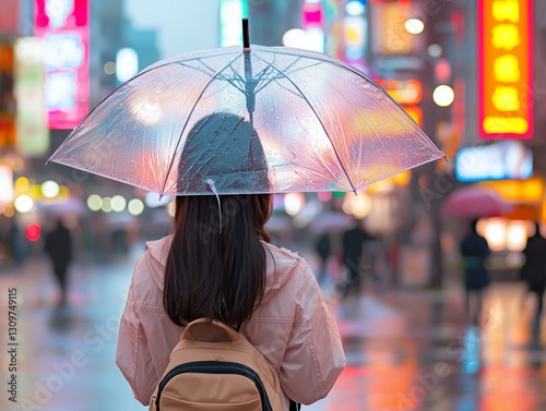 Woman with Transparent Umbrella in Urban Rainy Setting