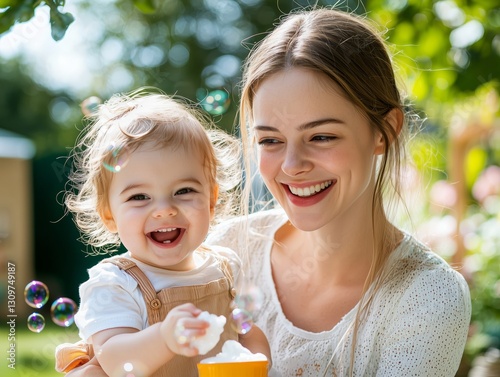 Joyful Mother and Happy Child Playing with Bubbles