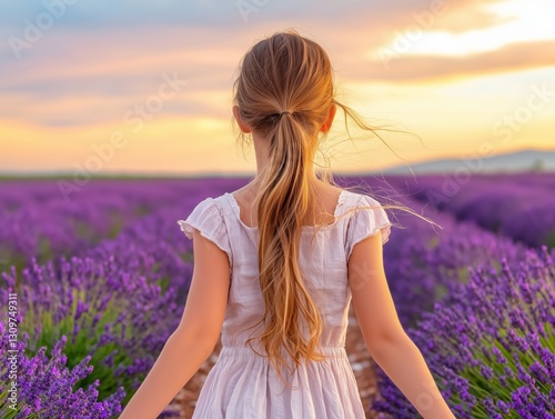 Girl in Lavender Field at Sunset with Long Hair