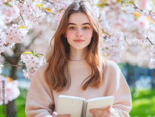 Young Woman Reading Book in Cherry Blossom Park