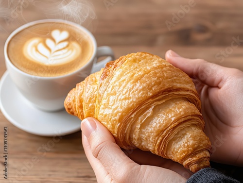 Fresh Croissant and Coffee on Rustic Wooden Table