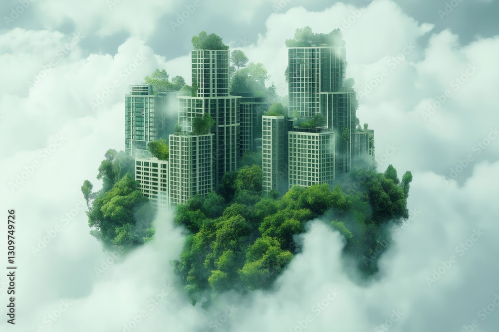 Fototapeta premium Lush green trees and modern buildings harmoniously coexist on a floating island, showcasing sustainable urban development and ecological balance