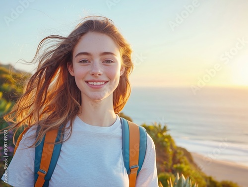 Joyful Woman Enjoying Sunset by the Ocean Shoreline