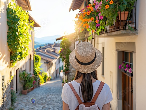 Woman Strolling Down Charming Cobblestone Street