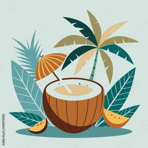 Coconut Drink with Palm Trees and Tropical Fruits in Flat Illustration