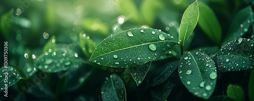 Fresh Green Leaves with Water Drops in Nature
