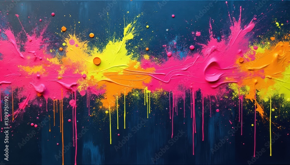 Fototapeta premium Abstract neon paint splatter with drips on dark blue background. Pink, orange, yellow vibrant colors. Dynamic colorful splashes, drips, dots and streaks create energetic modern art for backgrounds.