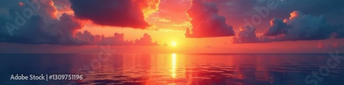 Fiery sunrise ignites the sky above a tranquil sea, dawn, vibrant, sunset