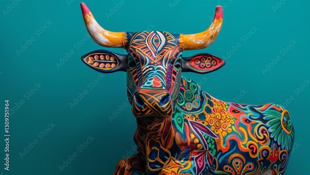 Naklejka premium Vibrant hand-painted bull sculpture, a captivating mix of colors and patterns against a teal backdrop.