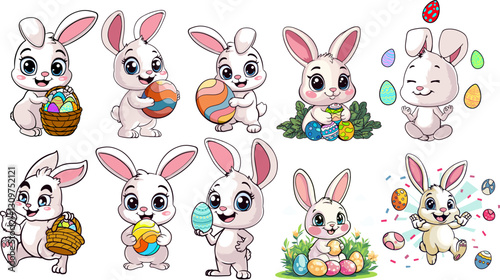 bunny collection stickers for easter holiday doing different things. vector illustration 