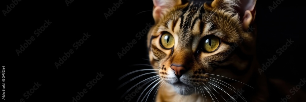 Close-up brown tabby cat, striking eyes, black backdrop, full body, animal portrait, wild cat Close-up brown tabby cat, striking eyes, black backdrop, full body, animal portrait, wild cat