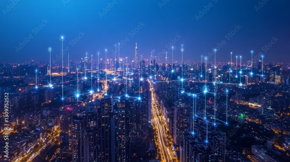 Fototapeta premium Smart City at Night Connected Urban Landscape.