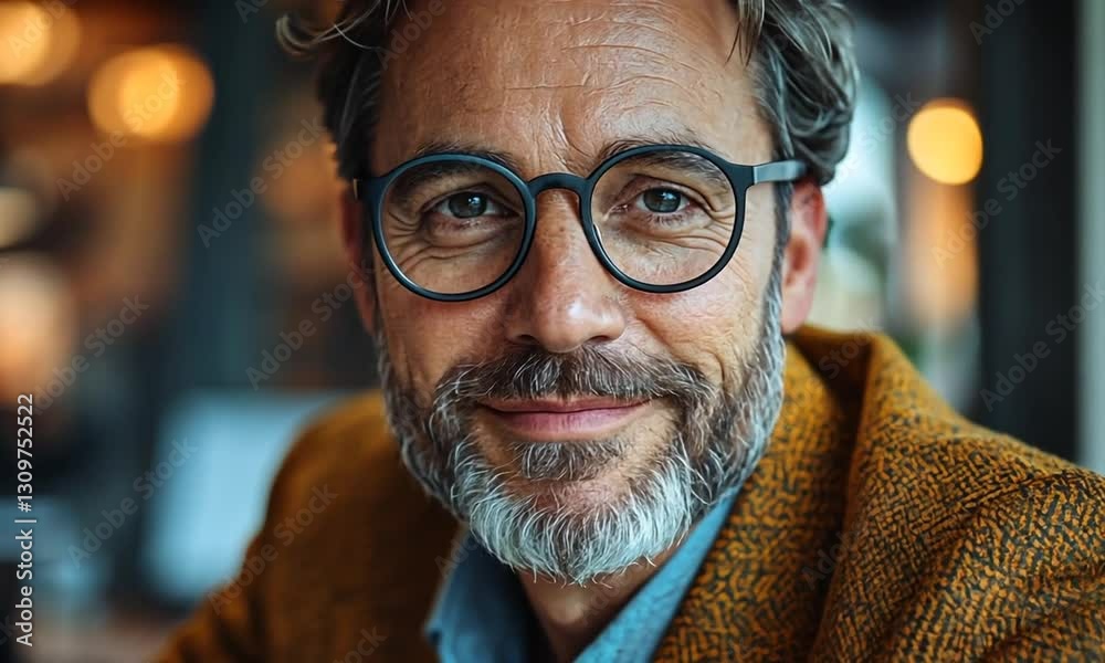 Portrait of a smiling middle-aged man in a cozy café setting, with warm lighting and blurred background Portrait of a smiling middle-aged man in a cozy café setting, with warm lighting and blurred background