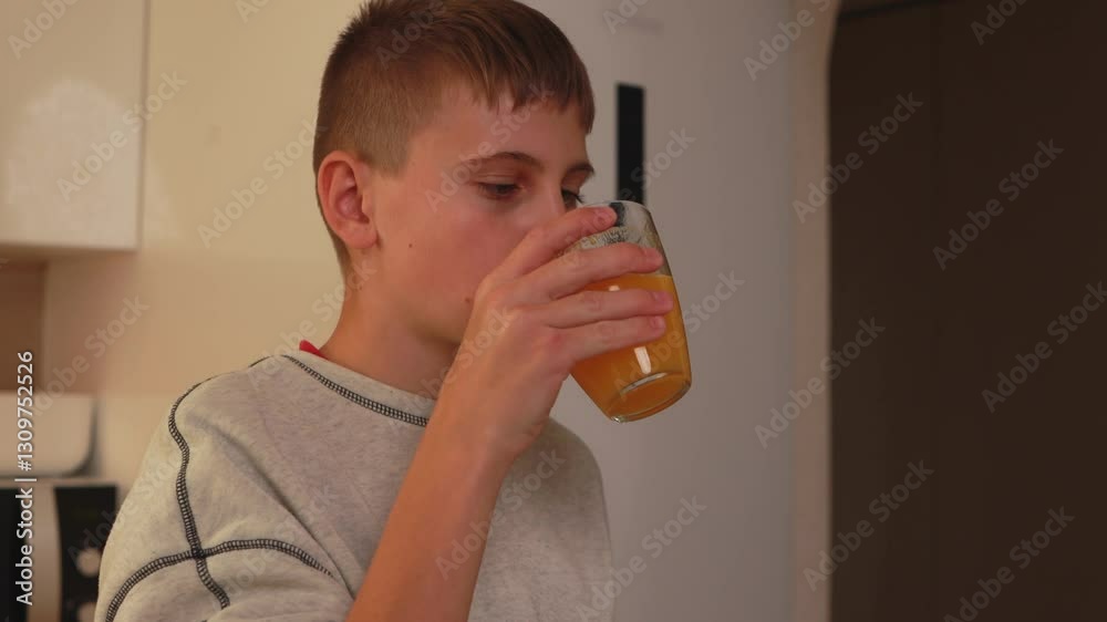 Young boy sampling juice in kitchen, experiencing vivid taste reactions ranging from surprise to delight, revealing genuine emotional journey through expressive facial changes Young boy sampling juice in kitchen, experiencing vivid taste reactions ranging from surprise to delight, revealing genuine emotional journey through expressive facial changes