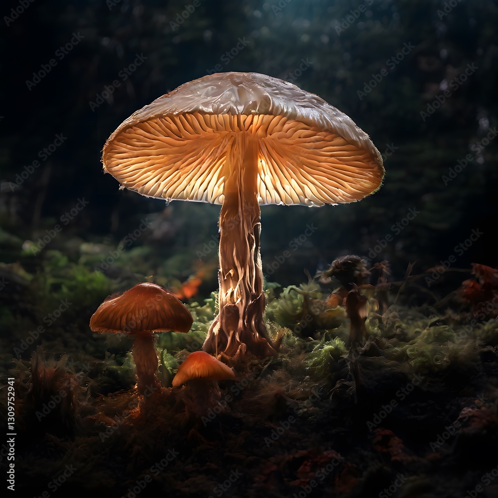 Fototapeta premium A large, intricately gilled mushroom stands prominently against a lush, dark backdrop.