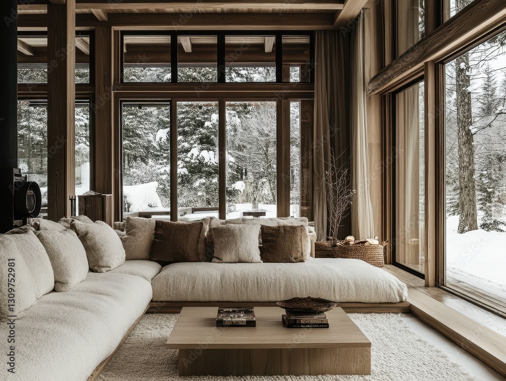 Fototapeta premium A cozy and warm living room with snowy outdoor views