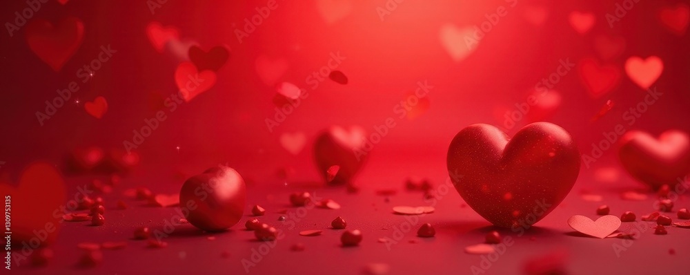 Scattered red hearts on red backdrop, bokeh effect , texture, symbol Scattered red hearts on red backdrop, bokeh effect , texture, symbol
