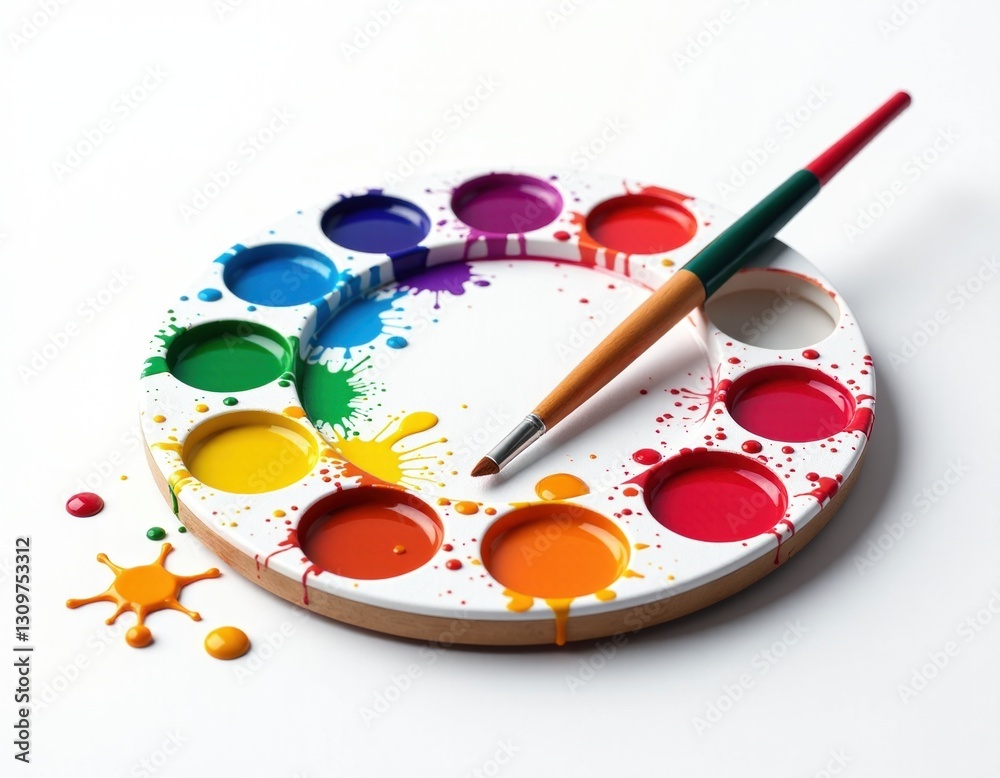 Obraz premium Colorful Watercolor Paint Palette with Brush and Splashes